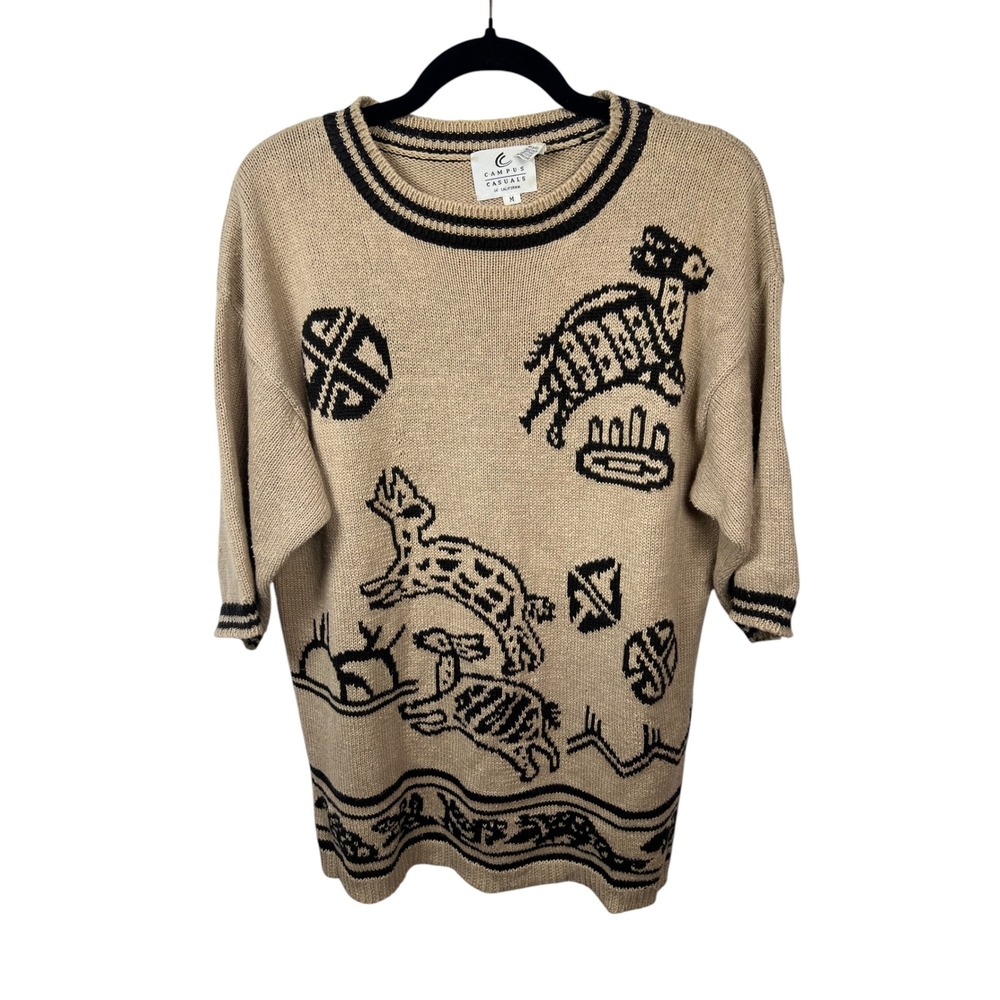 Vintage 70s Campus Casuals of California Animal Motif Novelty Knit Sweater M